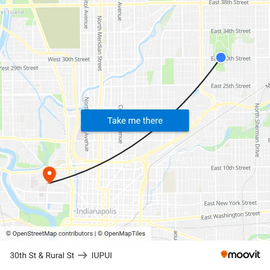 30th St & Rural St to IUPUI map