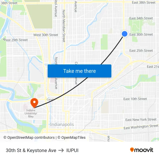 30th St & Keystone Ave to IUPUI map