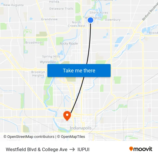 Westfield Blvd & College Ave to IUPUI map