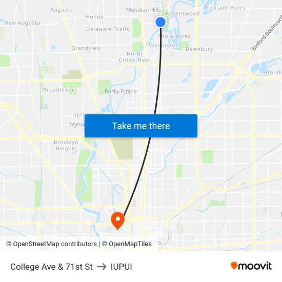 College Ave & 71st St to IUPUI map