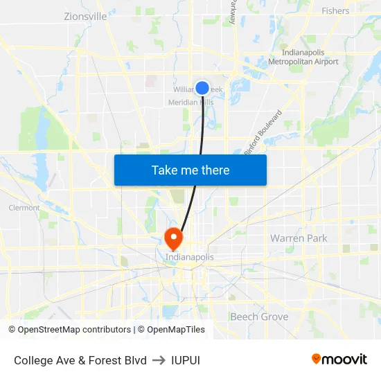 College Ave & Forest Blvd to IUPUI map