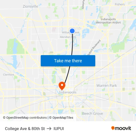 College Ave & 80th St to IUPUI map