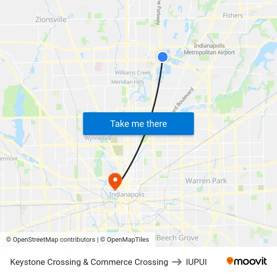 Keystone Crossing & Commerce Crossing to IUPUI map