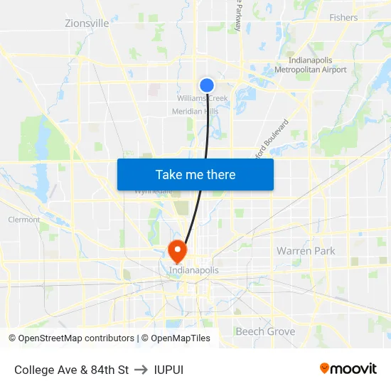 College Ave & 84th St to IUPUI map