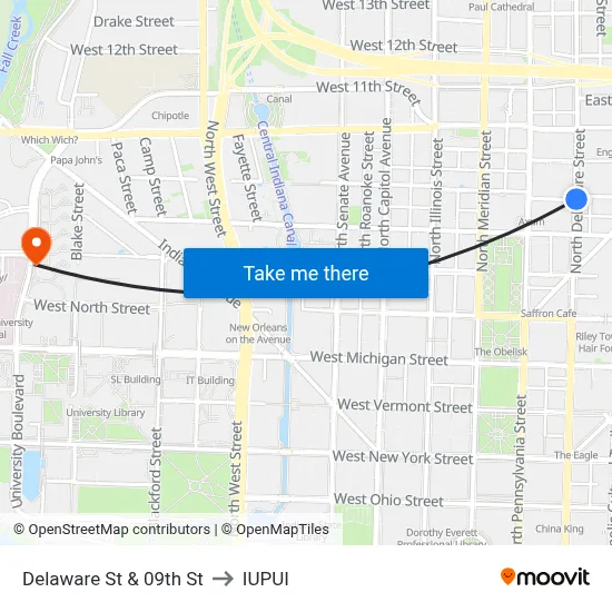 Delaware St & 09th St to IUPUI map