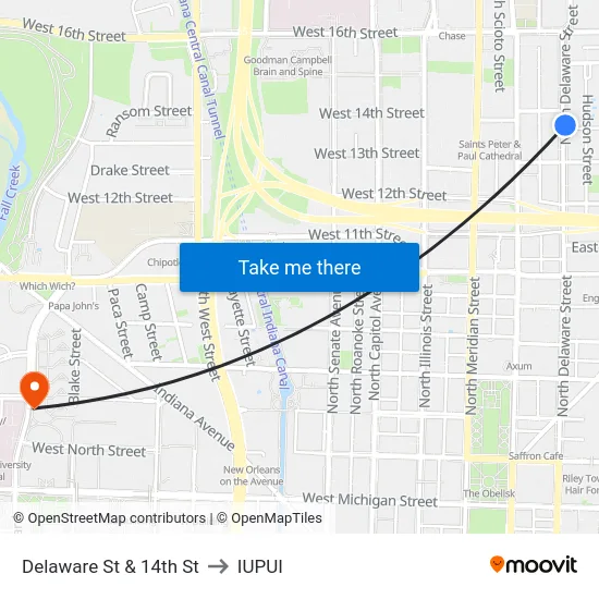 Delaware St & 14th St to IUPUI map