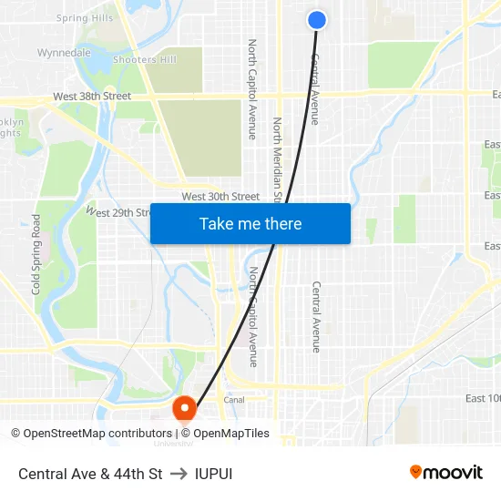 Central Ave & 44th St to IUPUI map