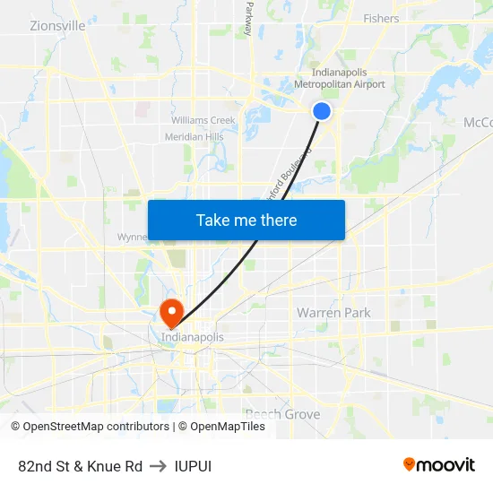 82nd St & Knue Rd to IUPUI map