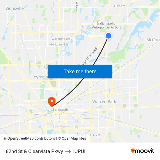 82nd St & Clearvista Pkwy to IUPUI map