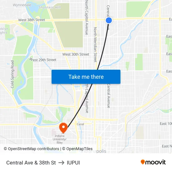 Central Ave & 38th St to IUPUI map