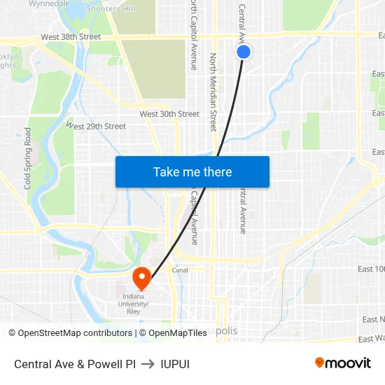 Central Ave & Powell Pl to IUPUI map