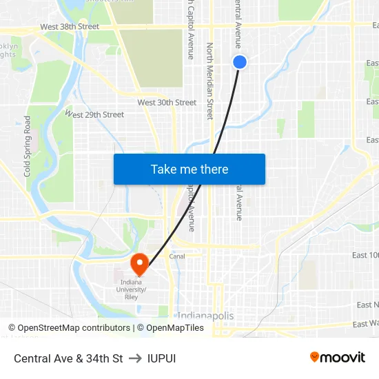 Central Ave & 34th St to IUPUI map