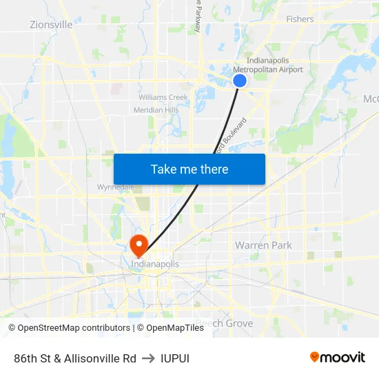 86th St & Allisonville Rd to IUPUI map