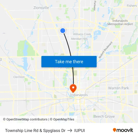 Township Line Rd & Spyglass Dr to IUPUI map
