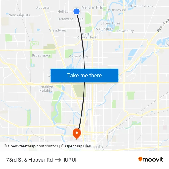 73rd St & Hoover Rd to IUPUI map