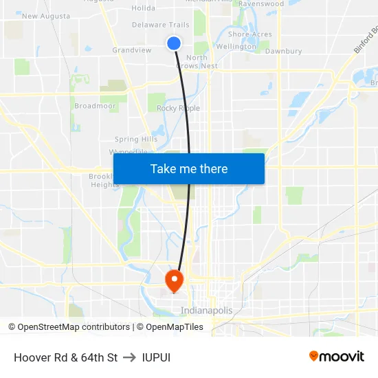 Hoover Rd & 64th St to IUPUI map