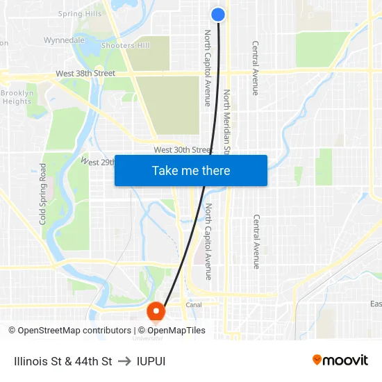 Illinois St & 44th St to IUPUI map