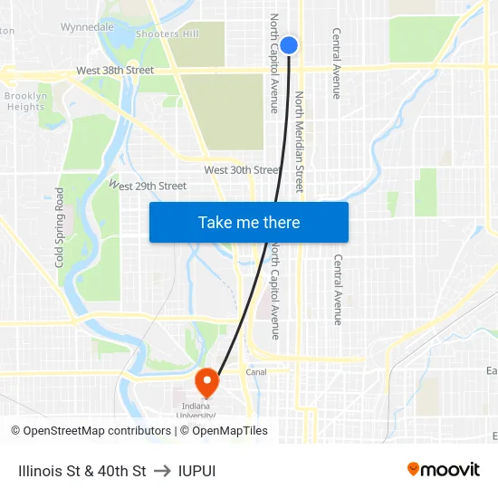 Illinois St & 40th St to IUPUI map