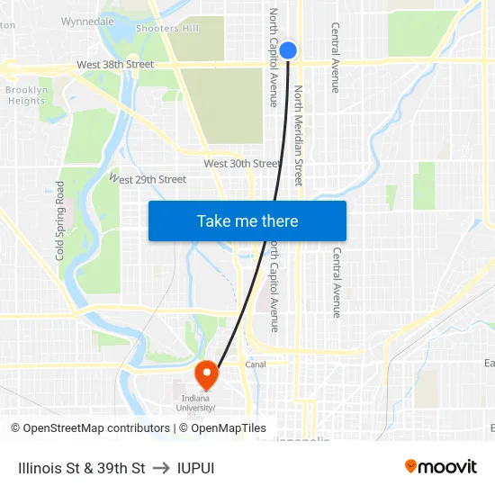 Illinois St & 39th St to IUPUI map