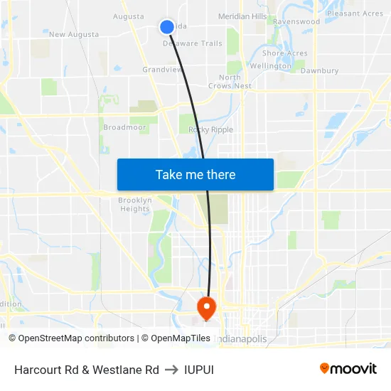 Harcourt Rd & Westlane Rd to IUPUI map