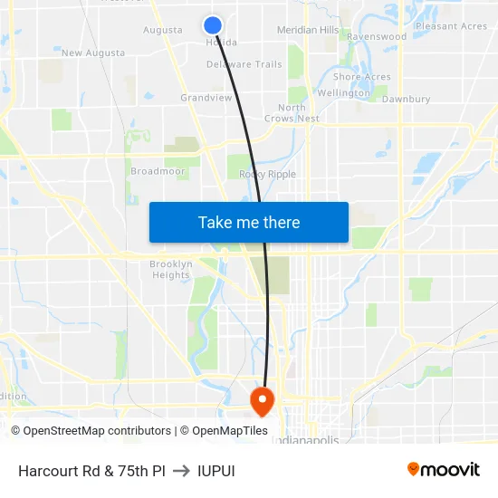 Harcourt Rd & 75th Pl to IUPUI map