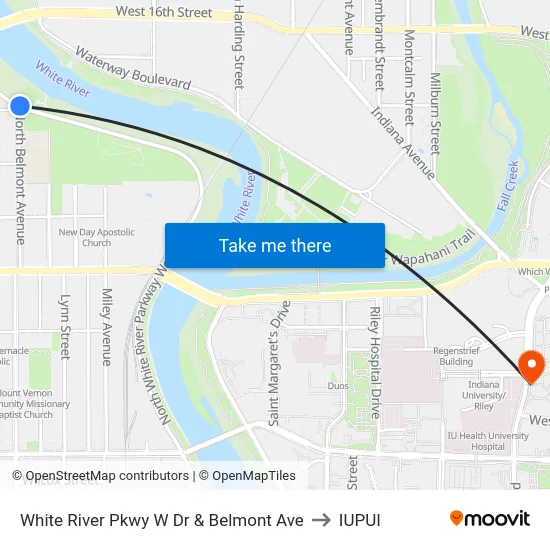 White River Pkwy W Dr & Belmont Ave to IUPUI map