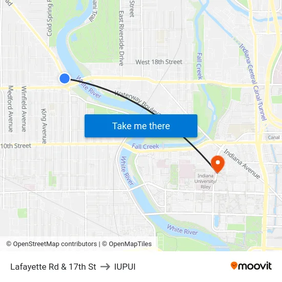 Lafayette Rd & 17th St to IUPUI map