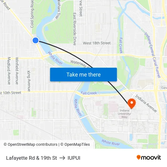 Lafayette Rd & 19th St to IUPUI map