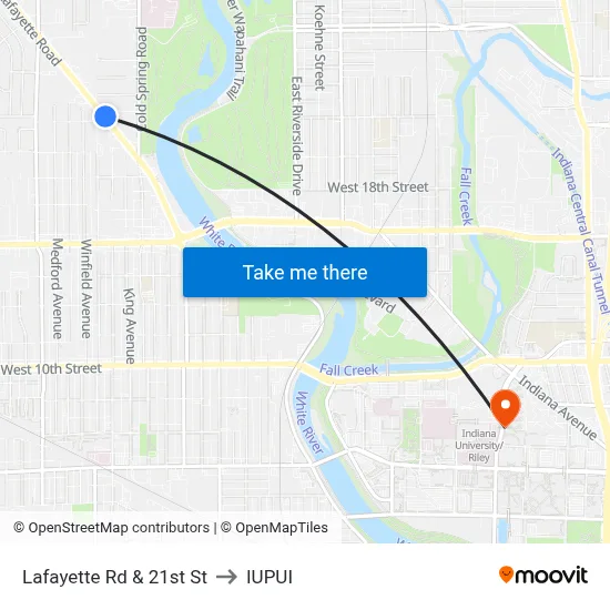 Lafayette Rd & 21st St to IUPUI map