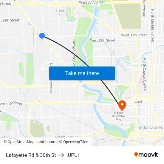 Lafayette Rd & 30th St to IUPUI map