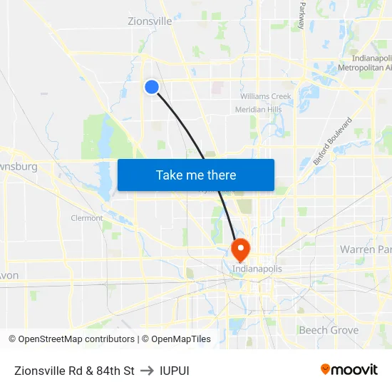 Zionsville Rd & 84th St to IUPUI map