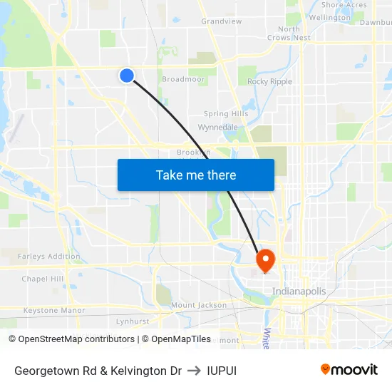 Georgetown Rd & Kelvington Dr to IUPUI map
