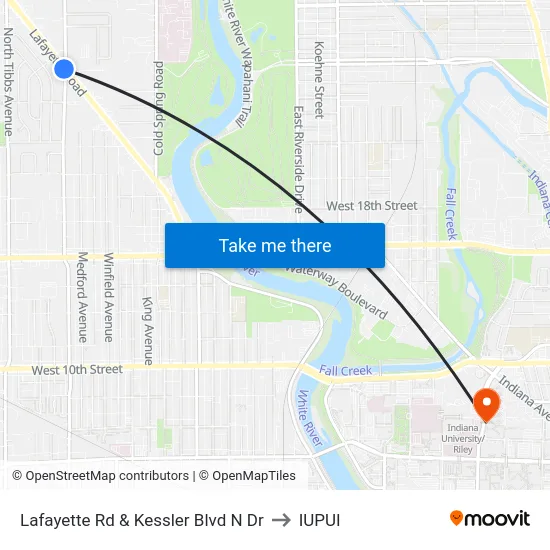 Lafayette Rd & Kessler Blvd N Dr to IUPUI map