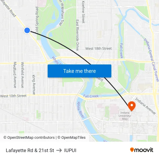 Lafayette Rd & 21st St to IUPUI map