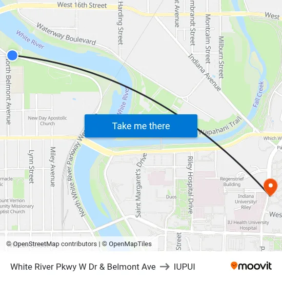 White River Pkwy W Dr & Belmont Ave to IUPUI map