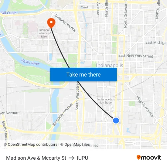 Madison Ave & Mccarty St to IUPUI map