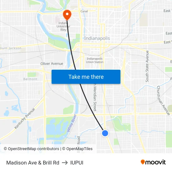 Madison Ave & Brill Rd to IUPUI map