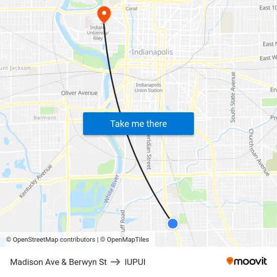 Madison Ave & Berwyn St to IUPUI map