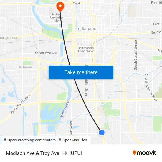 Madison Ave & Troy Ave to IUPUI map
