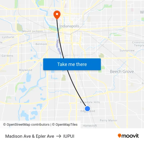 Madison Ave & Epler Ave to IUPUI map