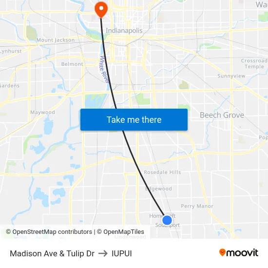 Madison Ave & Tulip Dr to IUPUI map