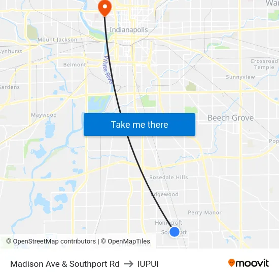 Madison Ave & Southport Rd to IUPUI map