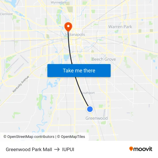 Greenwood Park Mall to IUPUI map