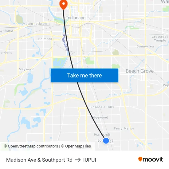 Madison Ave & Southport Rd to IUPUI map