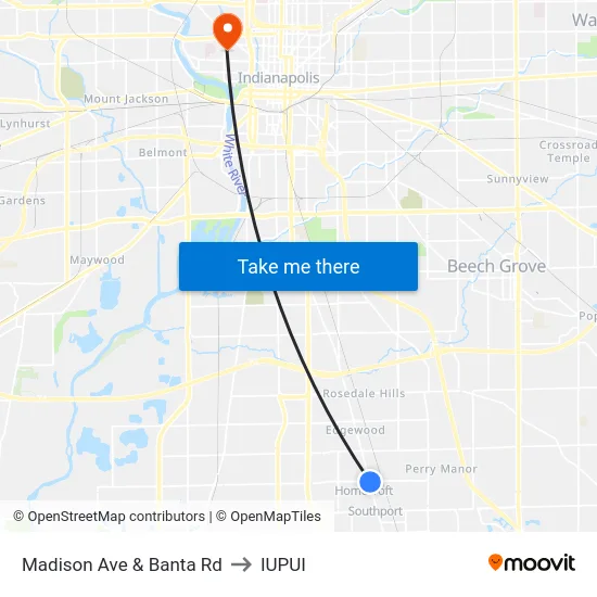 Madison Ave & Banta Rd to IUPUI map