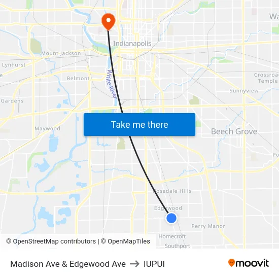 Madison Ave & Edgewood Ave to IUPUI map