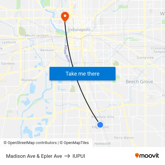 Madison Ave & Epler Ave to IUPUI map