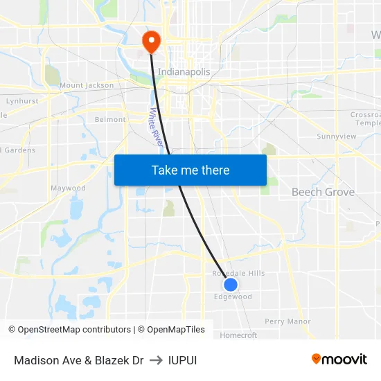 Madison Ave & Blazek Dr to IUPUI map
