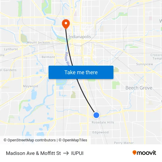 Madison Ave & Moffitt St to IUPUI map