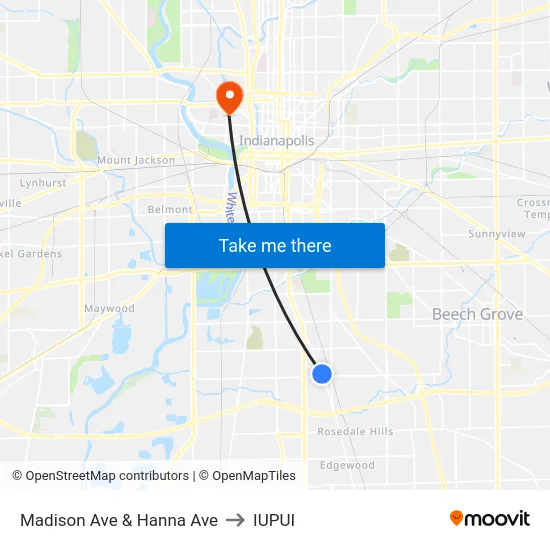 Madison Ave & Hanna Ave to IUPUI map